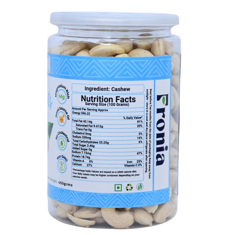 FRONIA Plain Cashews nuts 450 gm | Nutritious & Delicious Nuts | Signature Plain Cashew | High Fiber, Rich In Protein,Rich In Protein,Healthy Nuts | Anytime munching| Perfect for gifting,Boost Immunity| Healthy Snacks, Magnesium & Phosphorus, Deluxe Size
