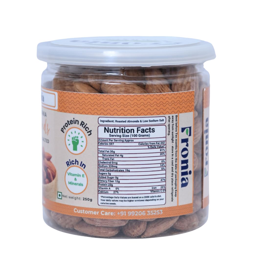 FRONIA Classic Salted Roasted Almonds Badam 250g | Crunchy Roasted Not Fried Nuts | Healthy Protein-Rich Snack | Tasty Salted Badam for Home Office Travel | Fresh & Delicious Dry Fruits Pack of 1