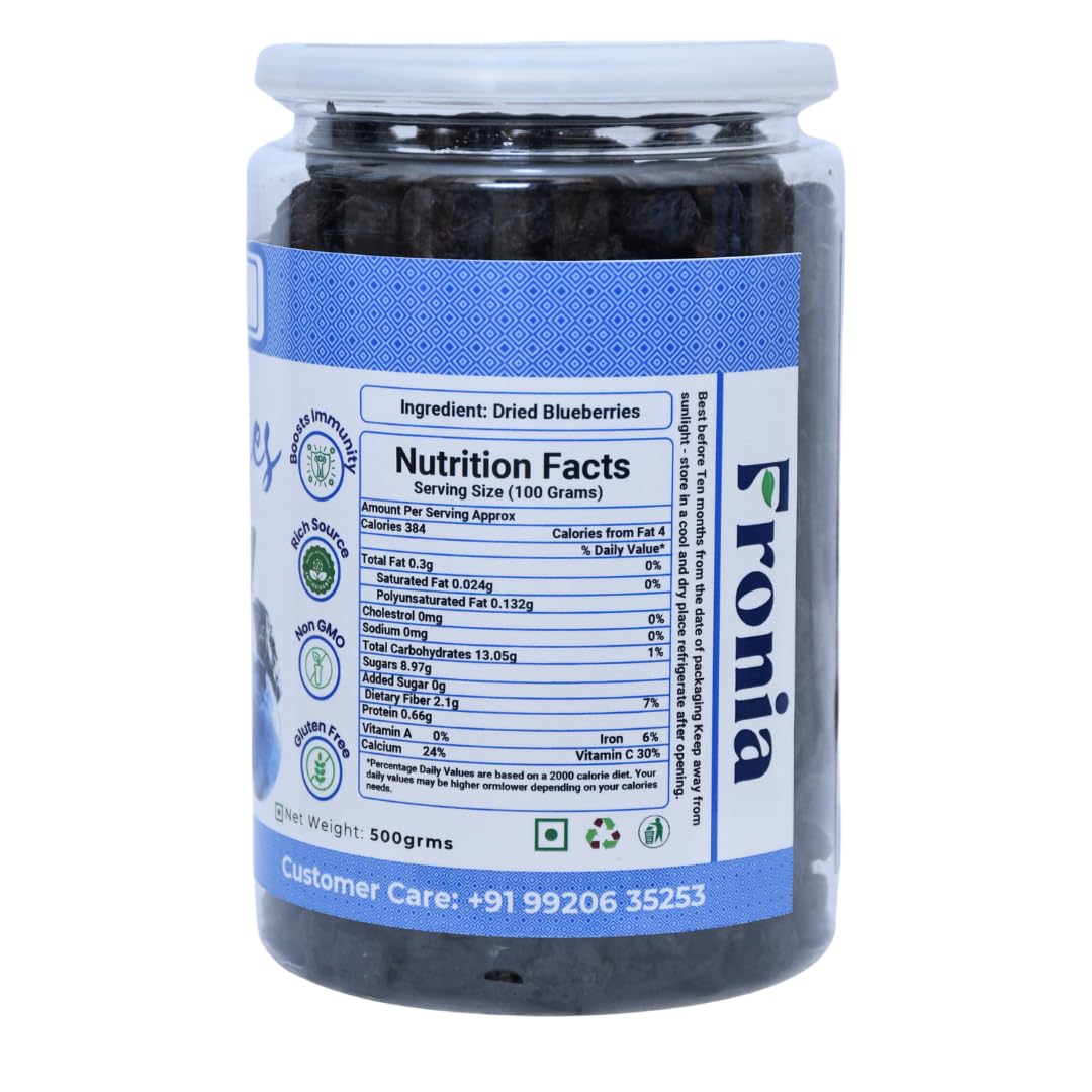 Fronia Premium Dried Blueberries – 500g x 1 Pack (Total 500g) | Whole, Unsweetened, Gluten-Free, Non-GMO, Vegan Snack | Rich in Calcium & Vitamin K, Sweet and Delicious