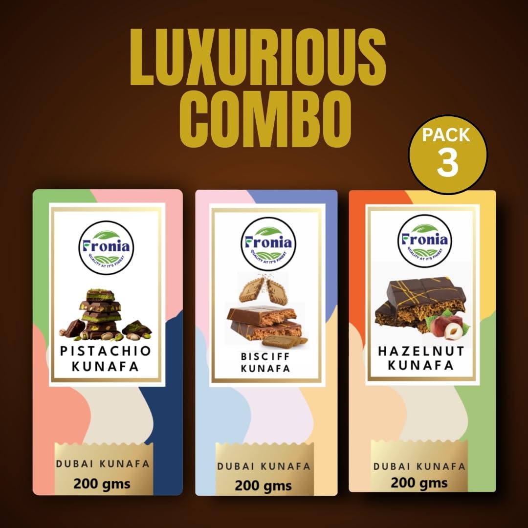 Fronia Dubai Kunafa Chocolate Bar Trio β Pistachio, Hazelnut & Bisciff Flavours (200gm each) β Gourmet Middle Eastern Sweets with Rich Fillings, Crispy Kunafa & Premium Chocolate β Luxury Gift Box