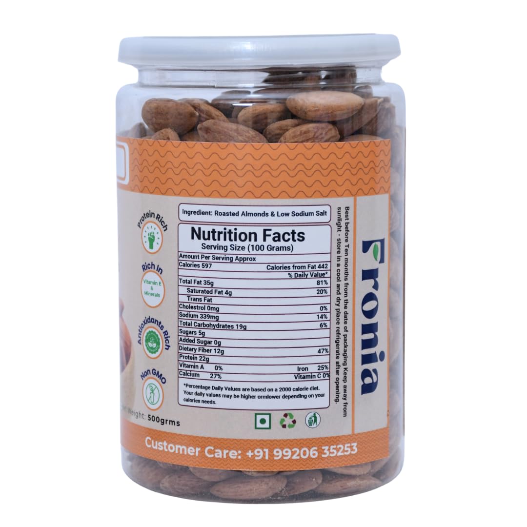 FRONIA Roasted and Salted California Almond |No Salt|Dry Roasted|No Oil Used|Roasted To Perfection|No Preservatives|No Artificial Flavors|Gluten Free|Vegan|Non Gmo (500GM)