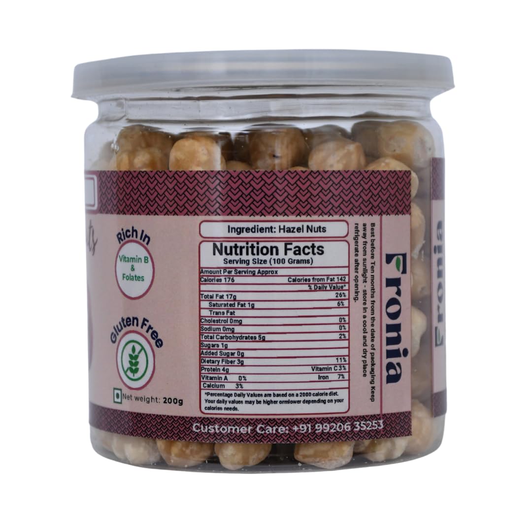 Fronia Hazelnuts 200g | Healthy & Delicious for Eating | Raw & Dehulled Nuts for Chocolate Spread Making | Crunchy Dry Fruits for Snacking, Baking & Cooking | Nutritious Hazel Nuts Pack