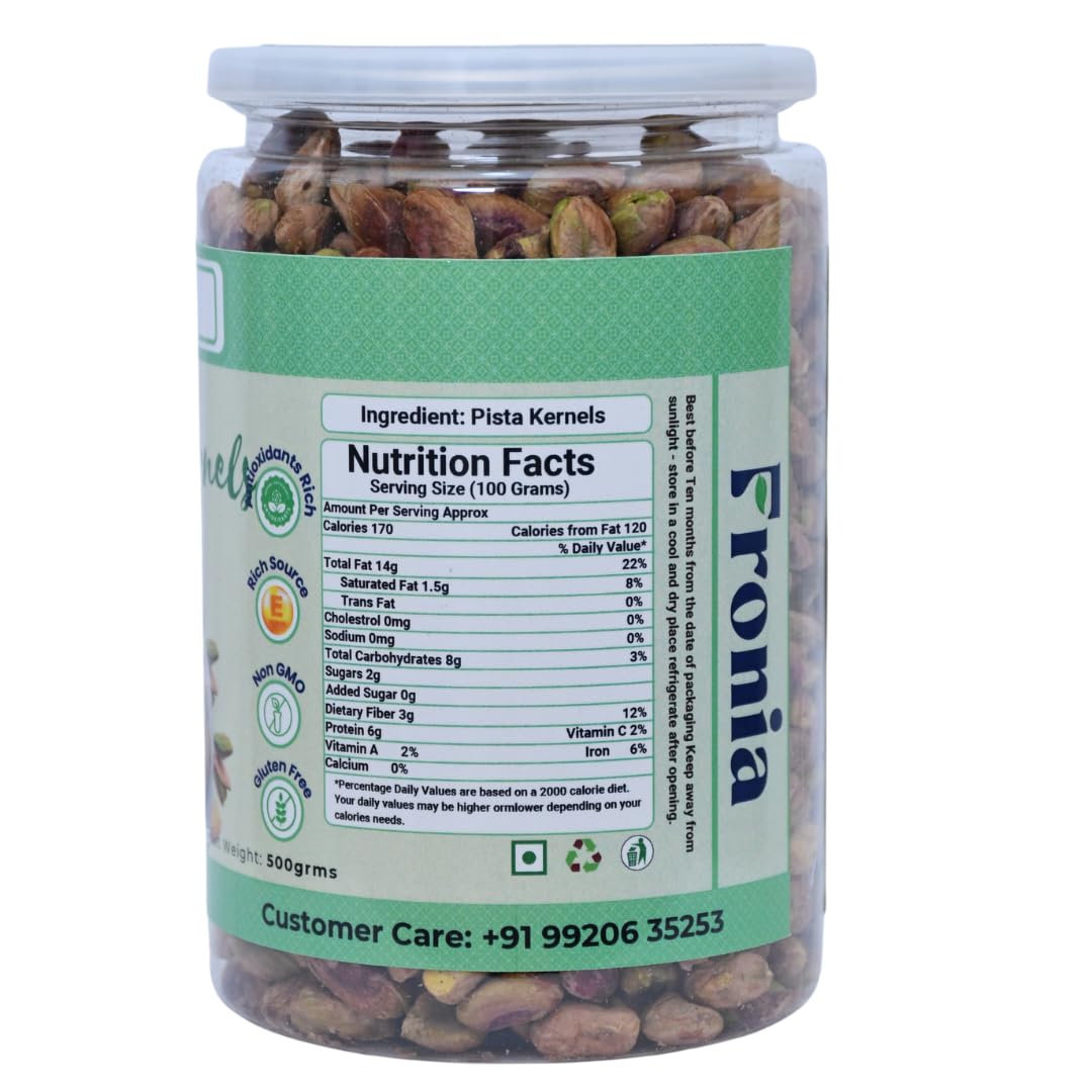 FRONIA Premium Unsalted Pistachio Kernels 500g | Super Crunchy & Delicious | No Gluten | No GMO | Bada Pista | Sada Pista | Dry Fruit, Big Size | Raw, High in Protein | Phosphorus, & Dietary Fibre, Premium Nuts | All Natural | No Preservatives | No Additi