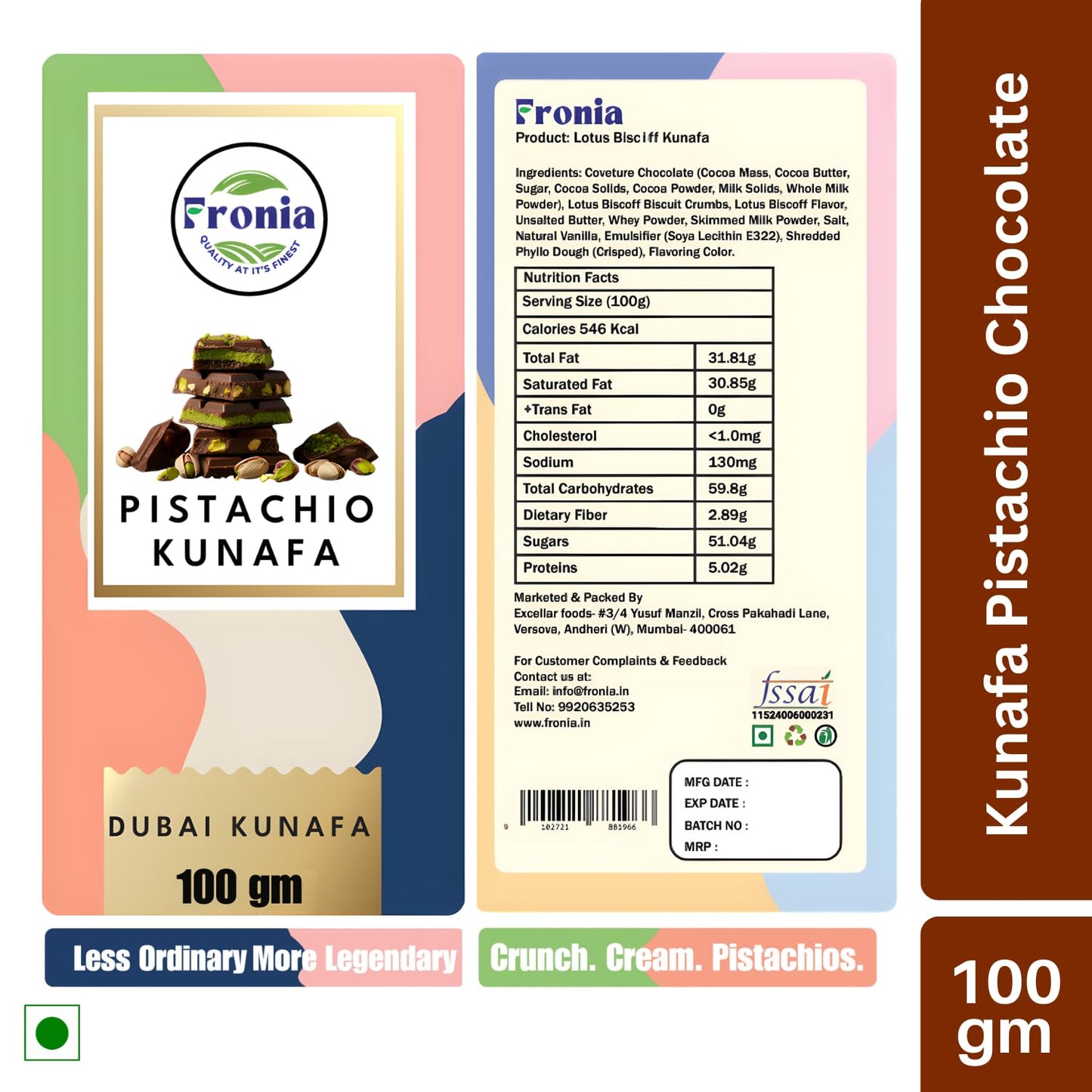 Fronia Dubai Kunafa Chocolate Pistachio. Premium Pista Kunafa Chocoalte 100gms. For Gifting, Anniversary, Birthday, Hamper, Valentines, Corporate Gifting.