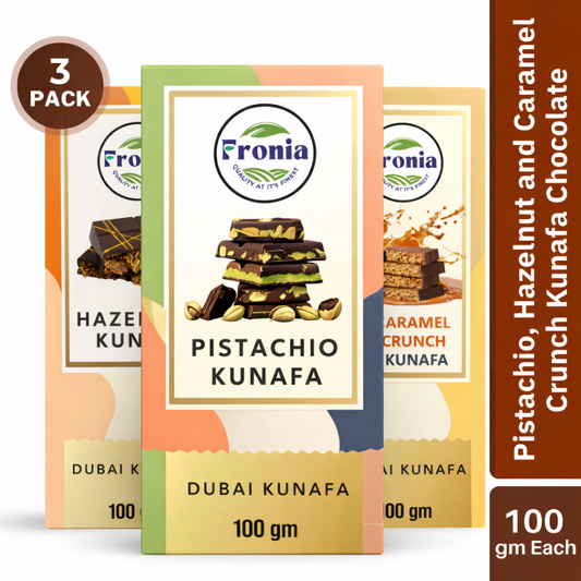 Fronia Kunafa Chocolate Triple-Flavor Combo Pack Dubai Style – Pistachio, Hazelnut & Caramel Kunafa Chocolate Dessert | 100g Each