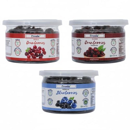 Fronia Premium Dried Berries Combo Pack | Cranberry Whole, Cranberry Slices & Blueberries | Healthy Snack Rich in Antioxidants & Fiber | 3 x 125g Jars