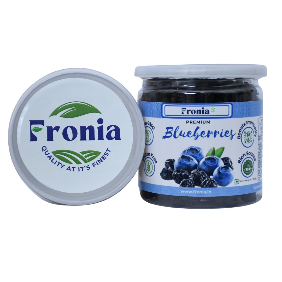 Fronia Premium Blueberries, Gluten Free, Non-GMO and Vegan, Whole and Unsweetened, Vitamin Rich, Low Fat Healthy Snacks, Rich in Calcium and Vitamin K, Sweet and Delicious (250gm)