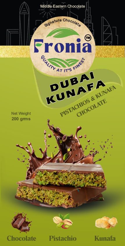 Fronia Kunafa Chocolate Bar Dubai Style 100gm | Pistachio Kunafa Dubai Chocolate Dessert | Milk Chocolates, Creamy Pistachios & Crunchy Kunafas spread