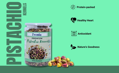 FRONIA Premium Unsalted Pistachio Kernels 250g | Super Crunchy & Delicious | No Gluten | No GMO | Bada Pista | Sada Pista | Dry Fruit, Big Size | Raw, High in Protein | Phosphorus, & Dietary Fibre, Premium Nuts | All Natural | No Preservatives | No Additi