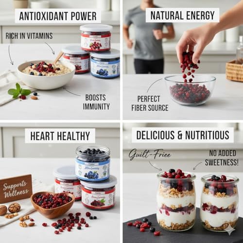 Fronia Premium Dried Berries Combo Pack | Cranberry Whole, Cranberry Slices & Blueberries | Healthy Snack Rich in Antioxidants & Fiber | 3 x 125g Jars