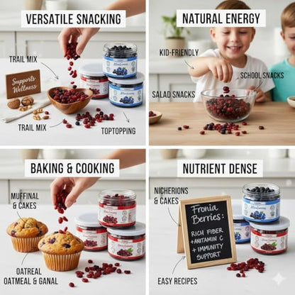 Fronia Premium Dried Berries Combo Pack | Cranberry Whole, Cranberry Slices & Blueberries | Healthy Snack Rich in Antioxidants & Fiber | 3 x 125g Jars