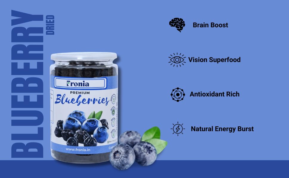 Fronia Premium Blueberries, Gluten Free, Non-GMO and Vegan, Whole and Unsweetened, Vitamin Rich, Low Fat Healthy Snacks, Rich in Calcium and Vitamin K, Sweet and Delicious (250gm)