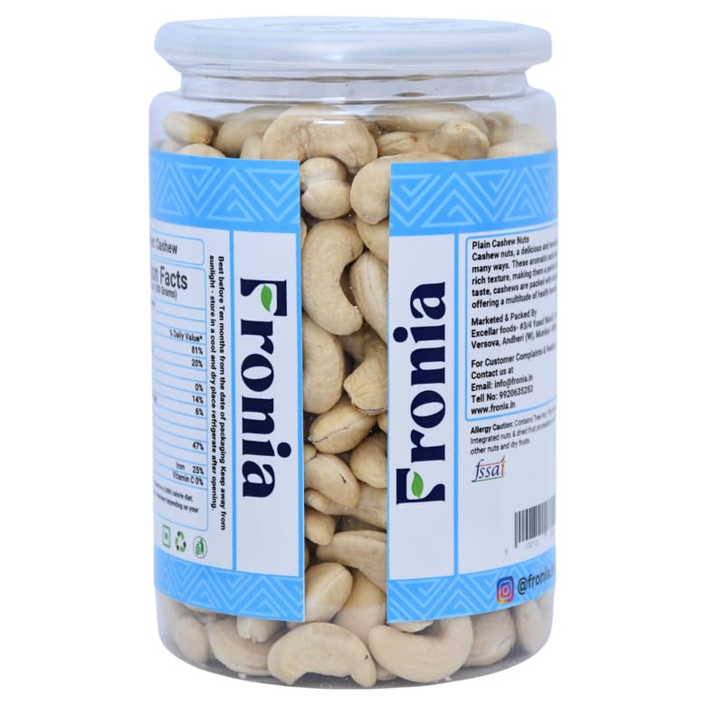FRONIA Plain Cashews nuts 450 gm | Nutritious & Delicious Nuts | Signature Plain Cashew | High Fiber, Rich In Protein,Rich In Protein,Healthy Nuts | Anytime munching| Perfect for gifting,Boost Immunity| Healthy Snacks, Magnesium & Phosphorus, Deluxe Size