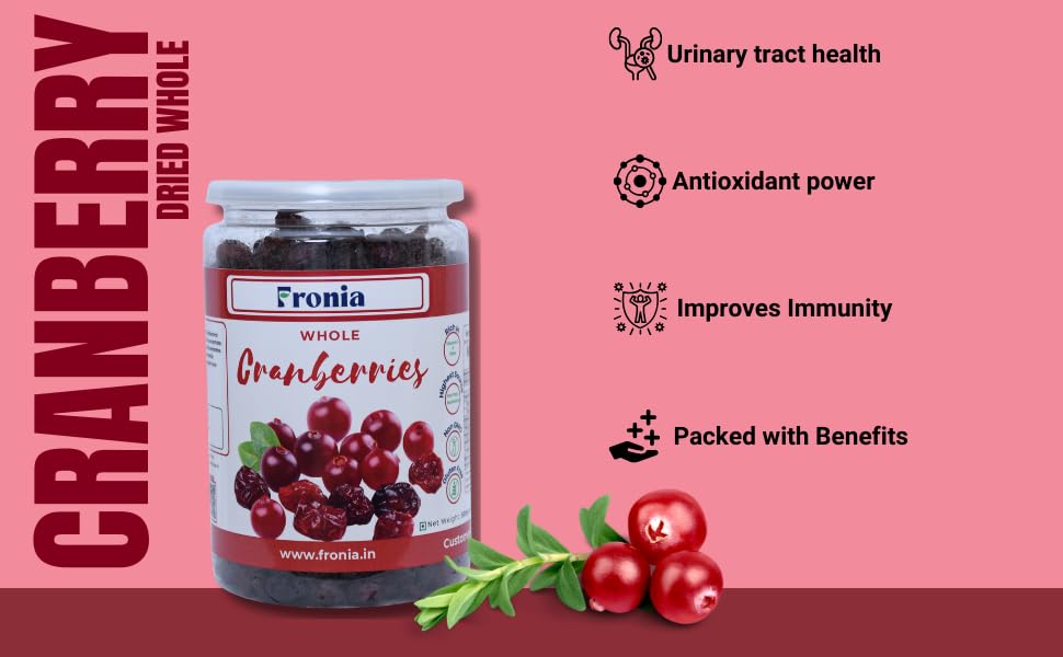 Fronia fresh Cranberries Whole Sweet And Delicious Treats, 250G (Gluten Free, Non-Gmo) High Antioxidants, Dietary Fiber & No Gluten, Antioxidant Rich, Immunity Booster,Healthy Snack For Kids And Adult