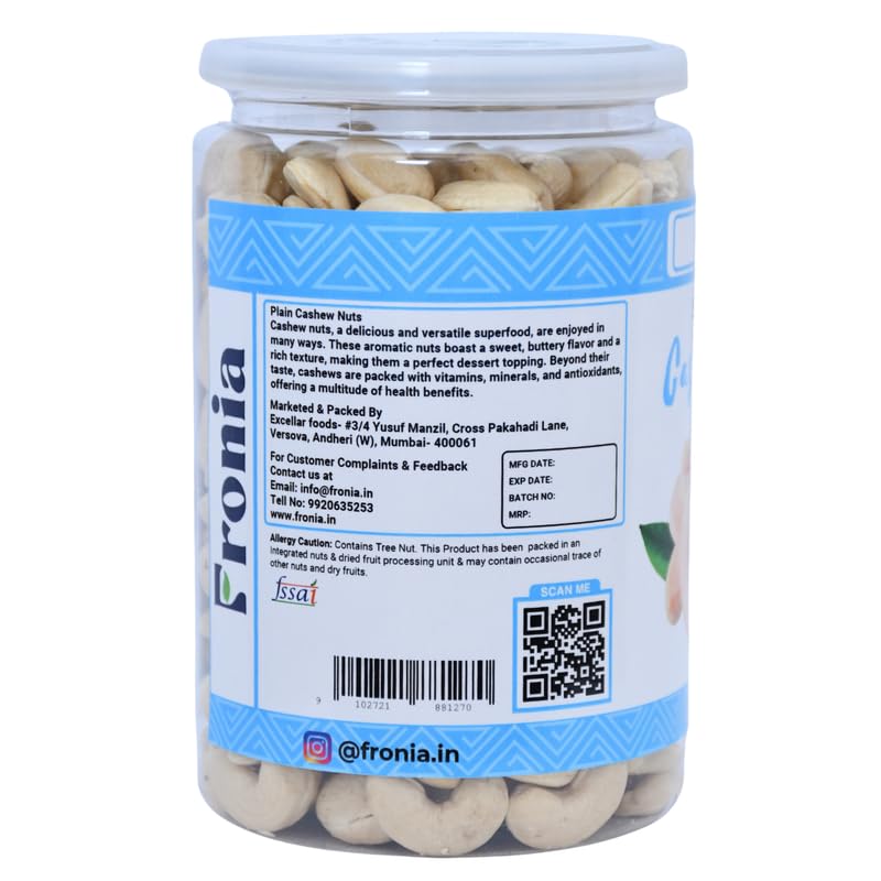 FRONIA Plain Cashews nuts 450 gm | Nutritious & Delicious Nuts | Signature Plain Cashew | High Fiber, Rich In Protein,Rich In Protein,Healthy Nuts | Anytime munching| Perfect for gifting,Boost Immunity| Healthy Snacks, Magnesium & Phosphorus, Deluxe Size