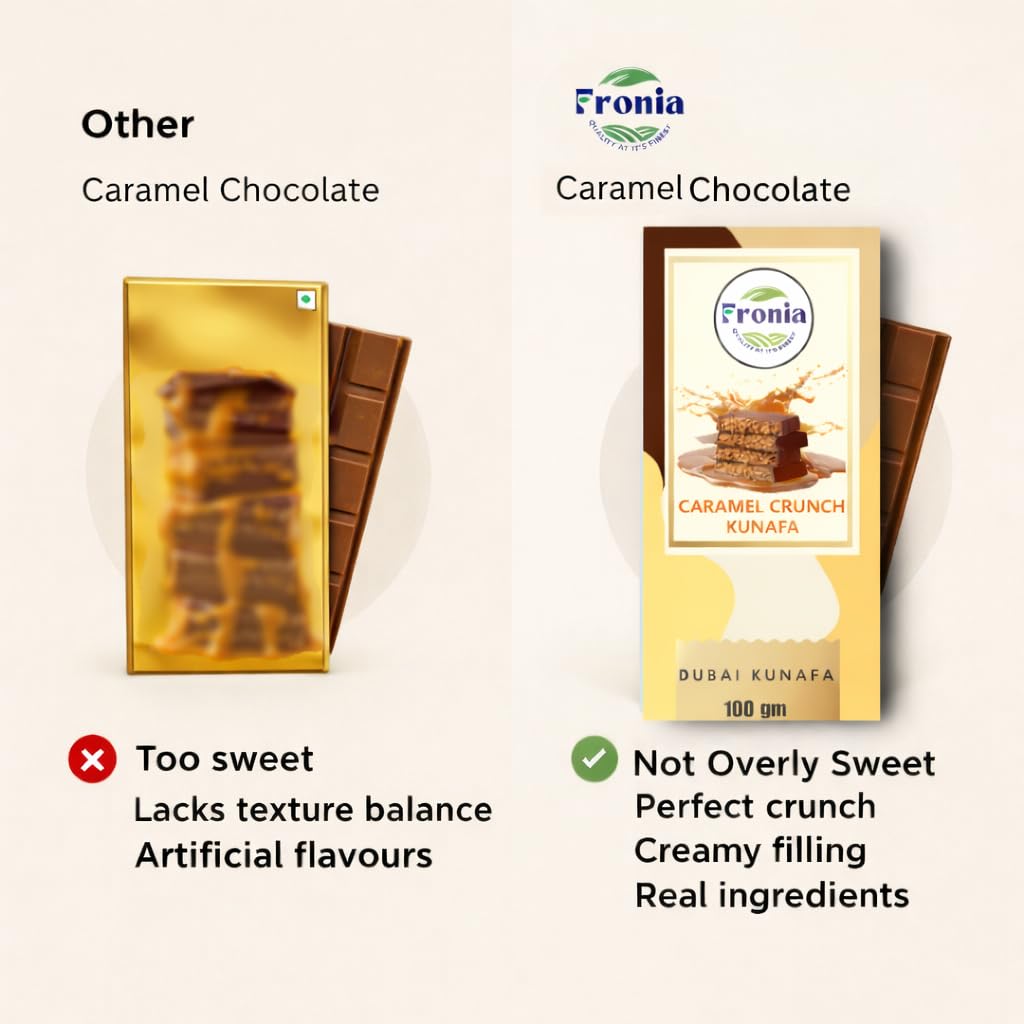 Fronia Caramel Crunch Kunafa Chocolate Bar 100gms Dubai Style – Chocolate Dessert, Milk Chocolate with Creamy Caramel Filling & Crunchy Kunafa Layers