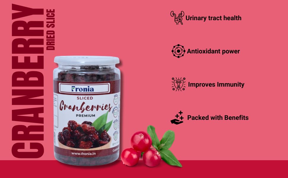 Fronia Dried Cranberry Slice (Dry Fruit), 250gm (Gluten Free, Non-GMO & Vegan) High Antioxidants, Dietary Fiber & No Gluten, Antioxidant Rich, Immunity Booster,Healthy Snack for kids and adult