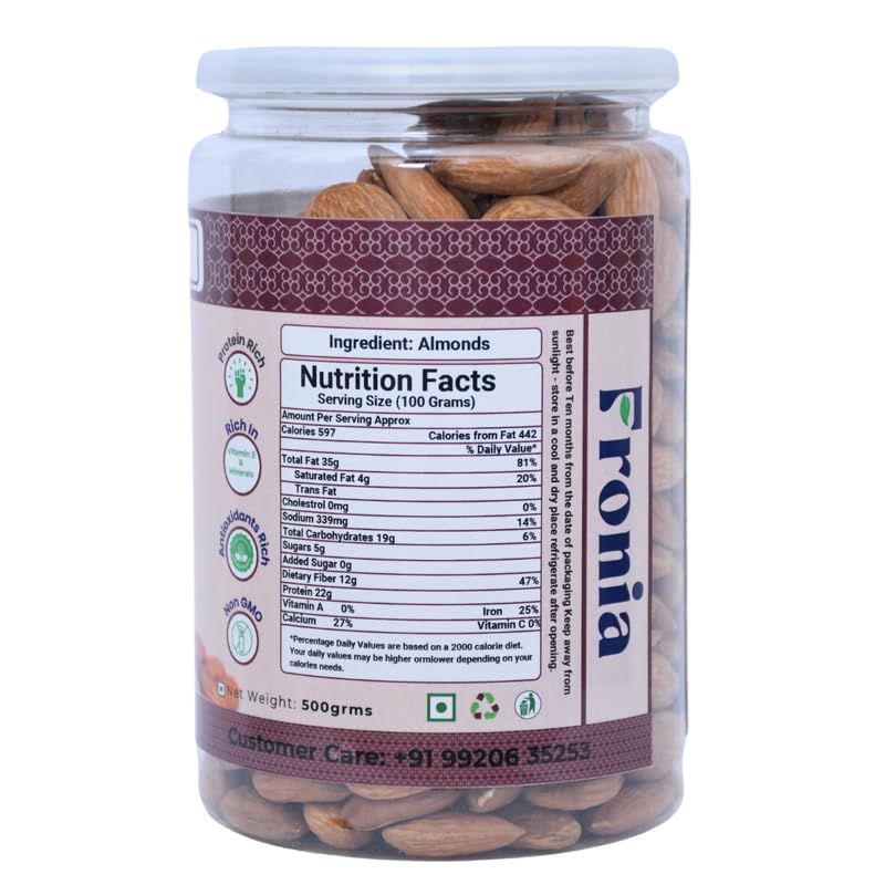 FRONIA Signature Premium California Almonds 500 gm | Badam Giri | Real Nuts, High in Fiber | Rich in Protein, Nuts & Dry Fruits,Boost Immunity, Gluten Free & Zero Cholesterol, Magnesium, Phosphorus and Dietary Fibre, Good for Health | Loaded with Antioxid