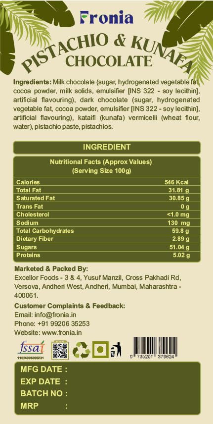 Fronia Premium Dubai Pistachio Kunafa Chocolate – 3 × 100g Dessert Bars | Milk Chocolate with Pistachio & Crispy Kunafa