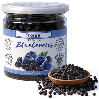 Fronia Premium Blueberries, Gluten Free, Non-GMO and Vegan, Whole and Unsweetened, Vitamin Rich, Low Fat Healthy Snacks, Rich in Calcium and Vitamin K, Sweet and Delicious (250gm)