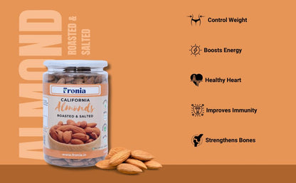 FRONIA Classic Salted Roasted Almonds Badam 250g | Crunchy Roasted Not Fried Nuts | Healthy Protein-Rich Snack | Tasty Salted Badam for Home Office Travel | Fresh & Delicious Dry Fruits Pack of 1