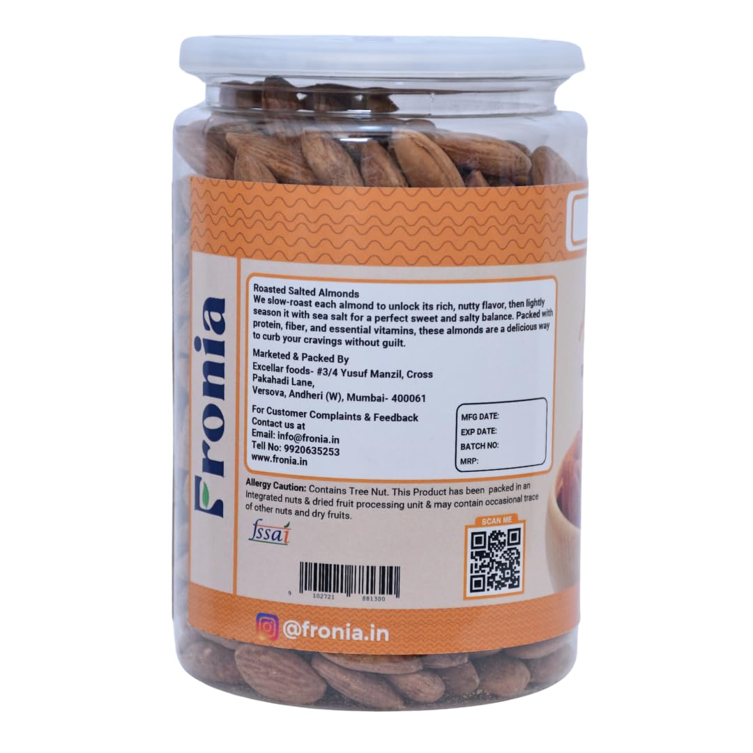 FRONIA Roasted and Salted California Almond |No Salt|Dry Roasted|No Oil Used|Roasted To Perfection|No Preservatives|No Artificial Flavors|Gluten Free|Vegan|Non Gmo (500GM)