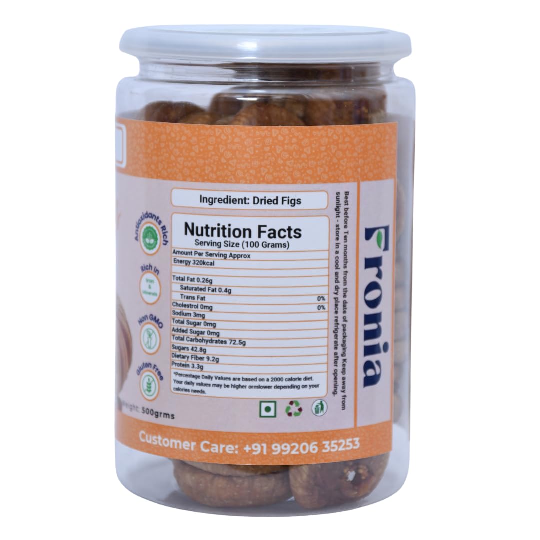 FRONIA Dried Afghani Anjeer | Dried Figs Ajnir | Rich source of Fibre Calcium & Iron | Low in calories and Fat Free | (500GM ) | Non-GMO Dried Figs | Dried Anjeer, Rich Source of Vitamins Dietary Fiber | High in Minerals & Vitamins | Amazing snack | | Dry