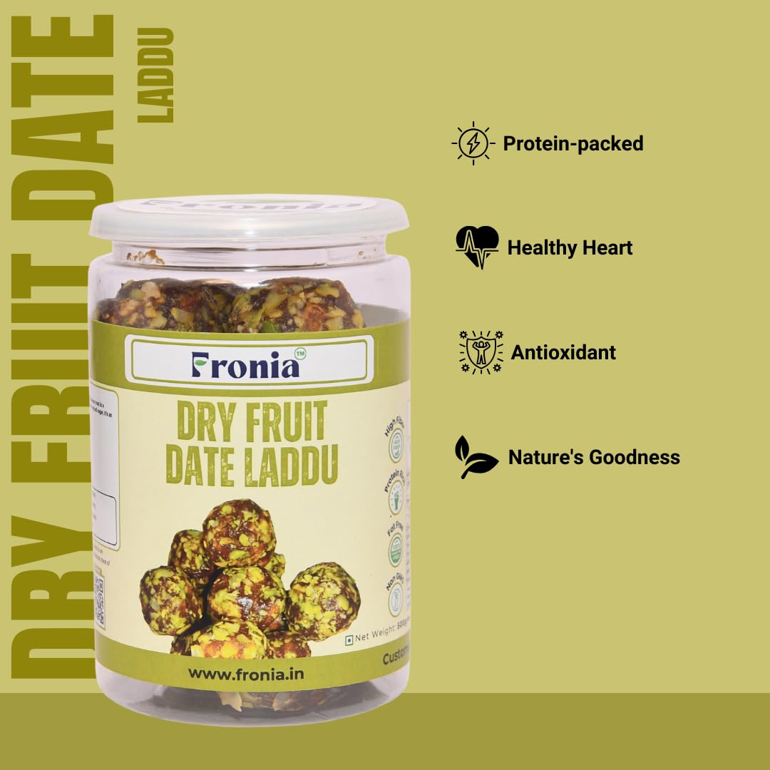 Fronia Dry Fruit Dates Ladoo 500gm |Eat Anytime Sugar Free Dates Laddoo's| Replacement of Energy & Protein Bars | Powerhouse of Protein & Fibre | Zero Trans Fat & Zero Cholesterol| Natural Authentic Eating Healthy Dry Fruits & Dates Laddu | Purely Made Wi