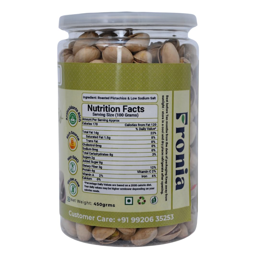 FRONIA Premium Roasted & salted Pistachio With Shell 450g | Super Crunchy & Delicious | No Gluten | No GMO | Bada Pista | Sada Pista | Dry Fruit, Big Size | Raw, High in Protein | Phosphorus, & Dietary Fibre, Premium Nuts | All Natural | No Preservatives