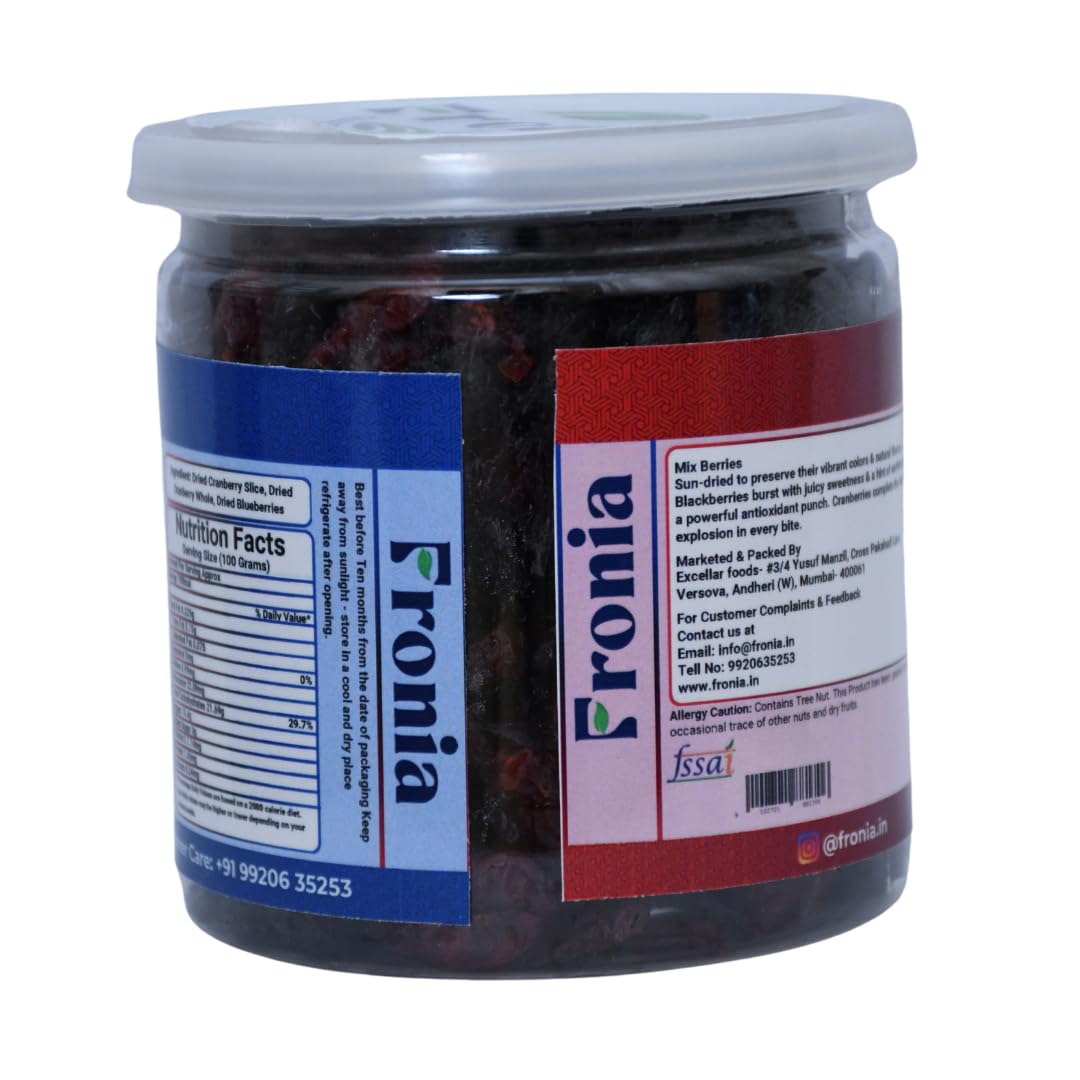 FRONIA Super Berries Mix | High in Antioxidants | Dried Cranberries, Blueberries (250GM ) Gluten Free, Non-GMO & Vegan) Natural and Licious berries | Natural Real Dried Berries | Low Calorie Snack | High energy | High in dietary fibre