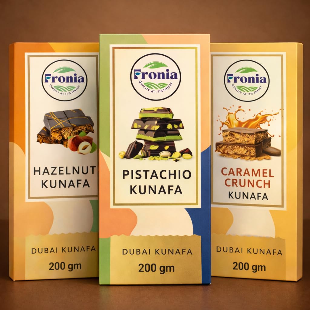 Fronia Kunafa Chocolate Triple-Flavor Combo Pack Dubai Style – Pistachio, Hazelnut & Caramel Kunafa Chocolate Dessert, Milk Chocolate with Creamy Pistachio, Hazelnut & Caramel Filling & Crunchy Kunafa Layers | 200g Each