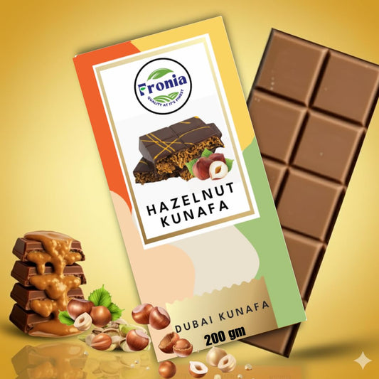 Fronia Dubai Kunafa Hazelnut Chocolate Bar with Rich Hazelnut, Crunchy Kunafa and Smooth Chocolate for Birthday, Hampers, Anniversary, Festival and Corporate Gifting - 200g