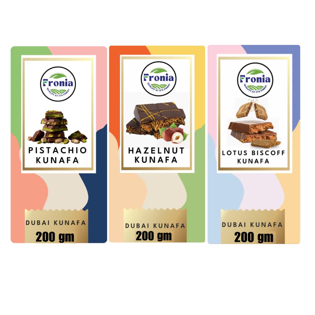 Fronia Dubai Kunafa Chocolate Bar Trio – Pistachio, Hazelnut & Bisciff Flavours (200gm each) – Gourmet Middle Eastern Sweets with Rich Fillings, Crispy Kunafa & Premium Chocolate – Luxury Gift Box