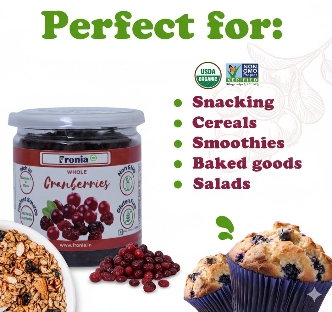 Fronia fresh Cranberries Whole Sweet And Delicious Treats, 250G (Gluten Free, Non-Gmo) High Antioxidants, Dietary Fiber & No Gluten, Antioxidant Rich, Immunity Booster,Healthy Snack For Kids And Adult