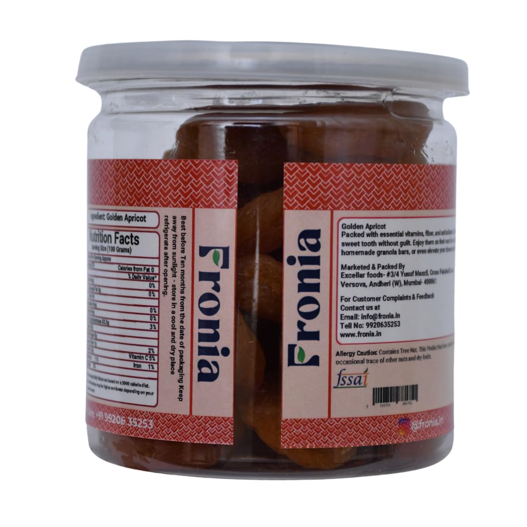 FRONIA Turkish Golden Apricot Dried Fruit (250gm) (Gluten Free, Non-GMO & Vegan) Jardalu Badam BOR Khumani, Seedless Khumani (NO Added Sugar OR Preservatives) Sun dried Jumbo apricots dry fruits