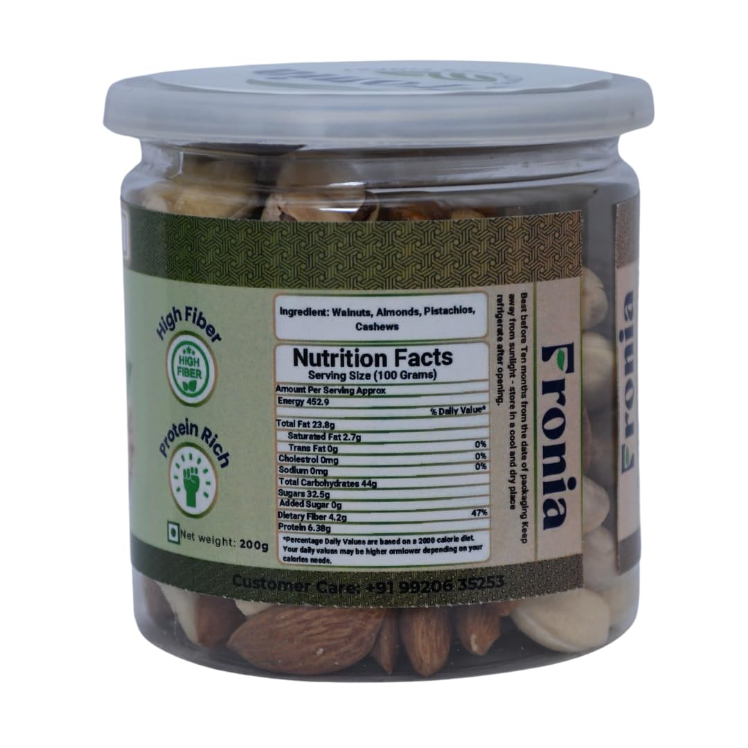 FRONIA Health Dry Fruits Mix, Premium Trail Mix | Natural and Premium Healthy Mixed Nuts with Dry Fruits | Almonds | Cashews | Walnut| Pistachio (200GM ) Healthy for Every Occasion Fresh and Healthy Dry Fruits Nuts| Source of Vitamin and Minerals