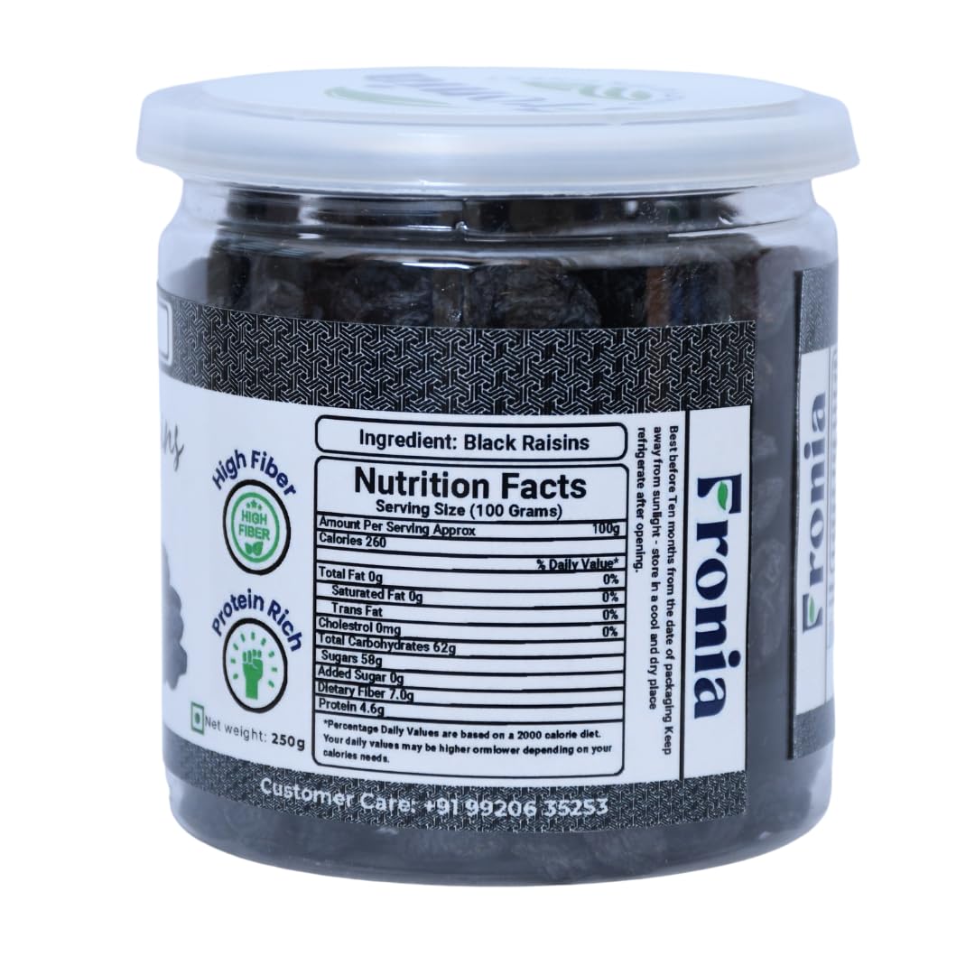 FRONIA Black Raisins (Kali Kishmish) | Kali Kishmish | Dry Fruits (250GM ) Premium Afghani Seedless Black Raisins | Kali Kishmish | Munakka Dry Fruits | Delicious & Healthy Snack | No Added Sugar Kali Kishmish | High in Antioxidant| Naturally Sweet and Ta