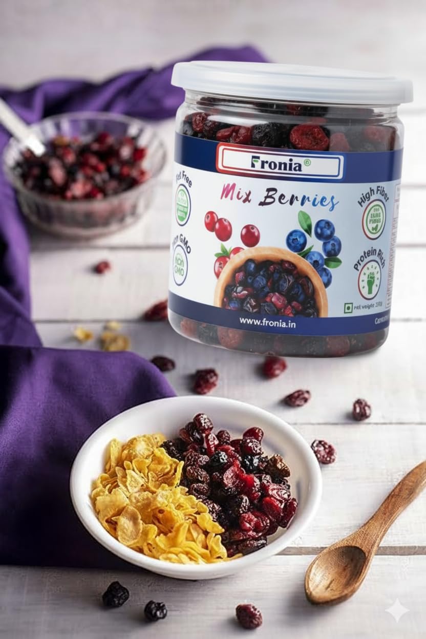 FRONIA Super Berries Mix | High in Antioxidants | Dried Cranberries, Blueberries (250GM ) Gluten Free, Non-GMO & Vegan) Natural and Licious berries | Natural Real Dried Berries | Low Calorie Snack | High energy | High in dietary fibre