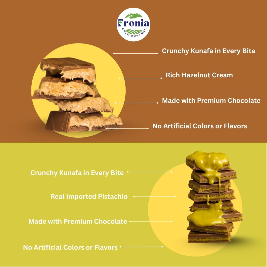 FRONIA Dubai Kunafa Chocolate Bar Combo Pistachio & Hazelnut Flavours (200Gm each bar) Gourmet Middle Eastern Treats With Crispy Kunafa & Premium Chocolate Gift Pack or Dessert Indulgence