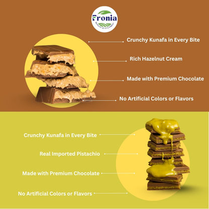 FRONIA Dubai Kunafa Chocolate Bar Combo Pistachio & Hazelnut Flavours (200Gm each bar) Gourmet Middle Eastern Treats With Crispy Kunafa & Premium Chocolate Gift Pack or Dessert Indulgence