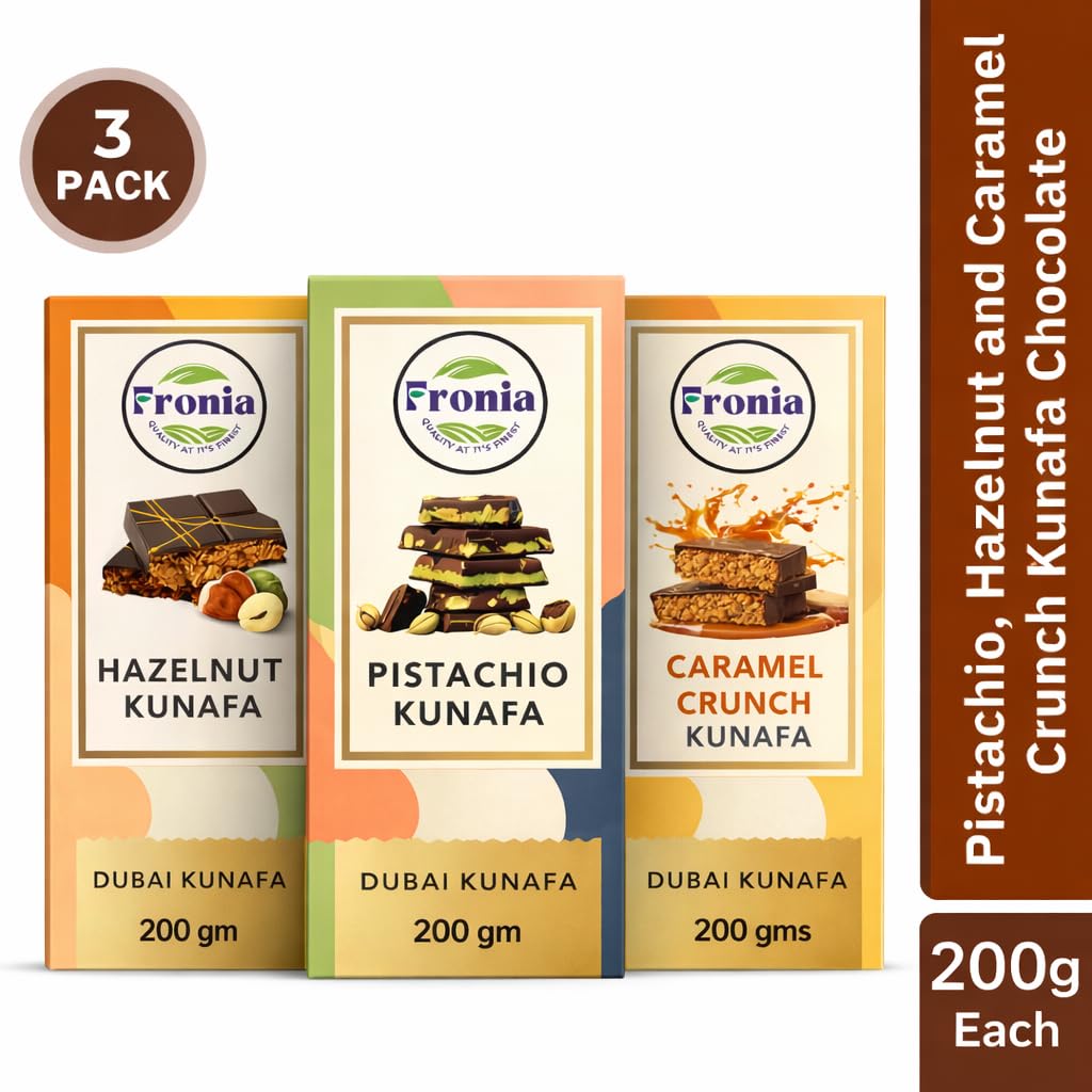 Fronia Kunafa Chocolate Triple-Flavor Combo Pack Dubai Style – Pistachio, Hazelnut & Caramel Kunafa Chocolate Dessert, Milk Chocolate with Creamy Pistachio, Hazelnut & Caramel Filling & Crunchy Kunafa Layers | 200g Each