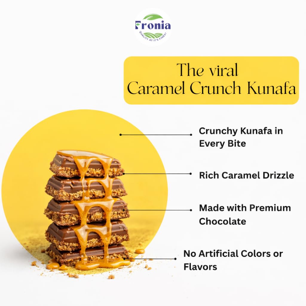 Fronia Caramel Crunch Kunafa Chocolate Bar 100gms Dubai Style – Chocolate Dessert, Milk Chocolate with Creamy Caramel Filling & Crunchy Kunafa Layers