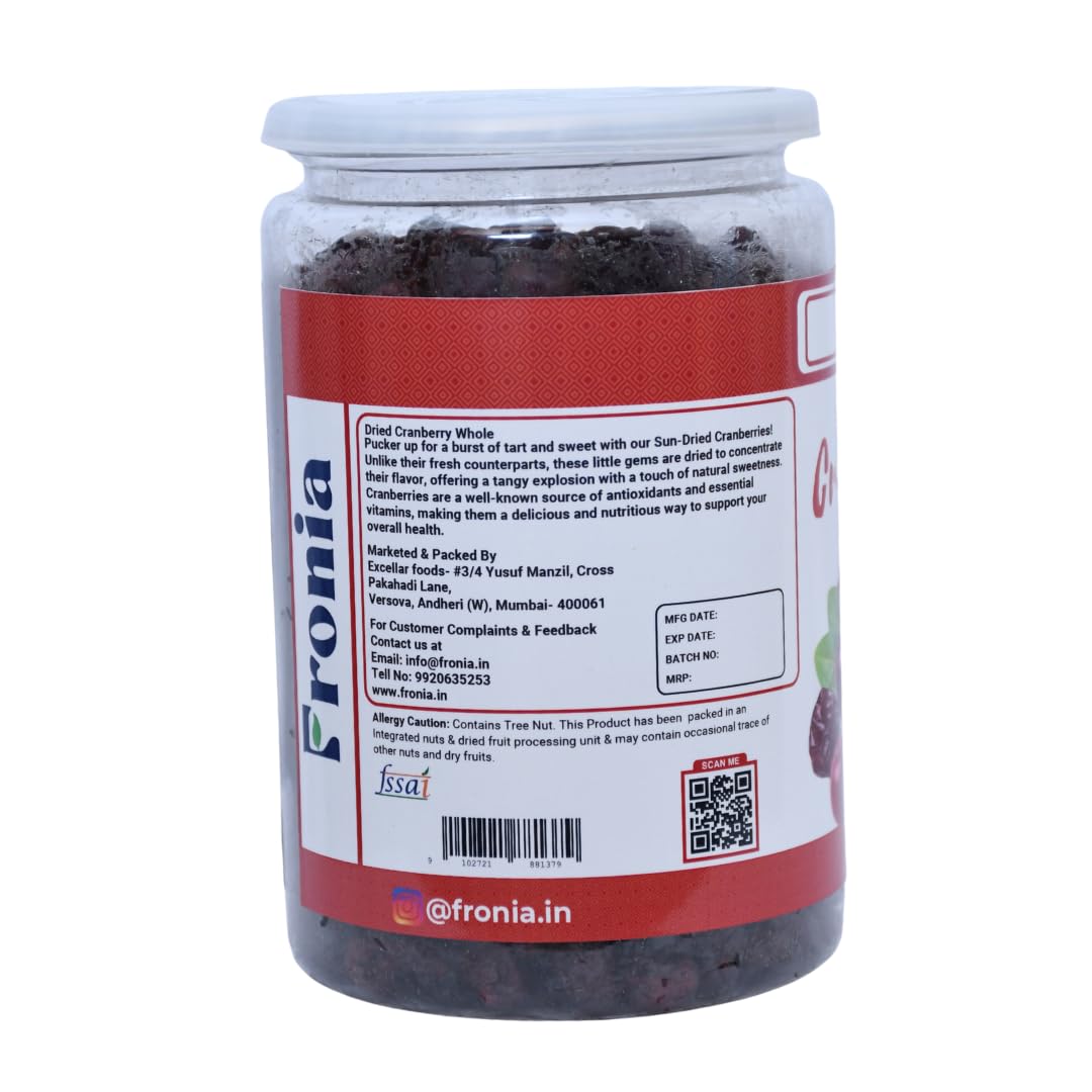 Fronia fresh Cranberries Sweet And Delicious Treats, 500G (Gluten Free, Non-Gmo) High Antioxidants, Dietary Fiber & No Gluten, Antioxidant Rich, Immunity Booster,Healthy Snack For Kids And Adult