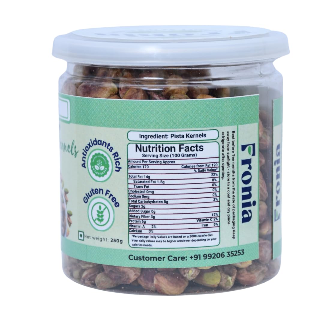 FRONIA Premium Unsalted Pistachio Kernels 250g | Super Crunchy & Delicious | No Gluten | No GMO | Bada Pista | Sada Pista | Dry Fruit, Big Size | Raw, High in Protein | Phosphorus, & Dietary Fibre, Premium Nuts | All Natural | No Preservatives | No Additi