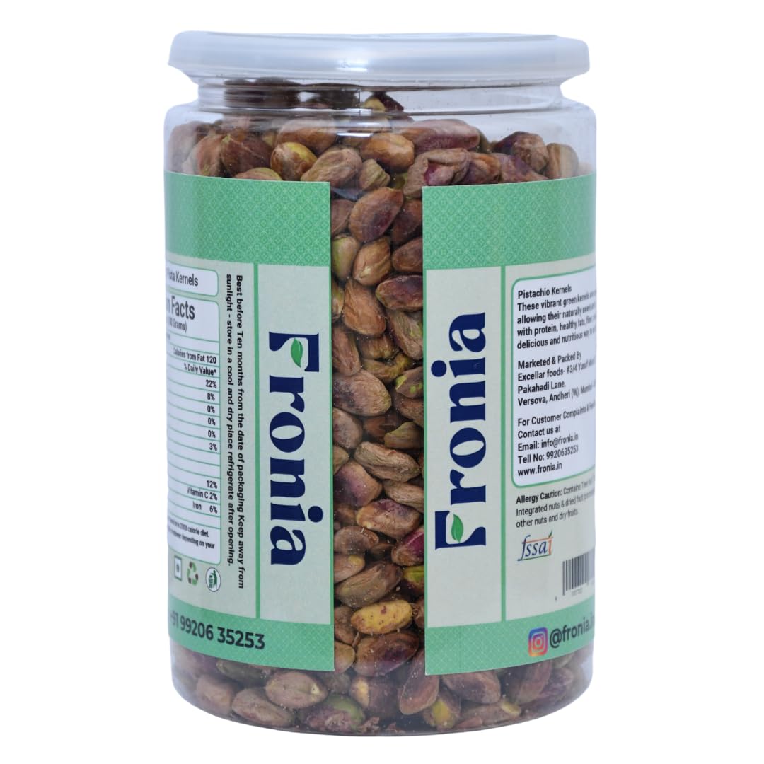 FRONIA Premium Unsalted Pistachio Kernels 500g | Super Crunchy & Delicious | No Gluten | No GMO | Bada Pista | Sada Pista | Dry Fruit, Big Size | Raw, High in Protein | Phosphorus, & Dietary Fibre, Premium Nuts | All Natural | No Preservatives | No Additi