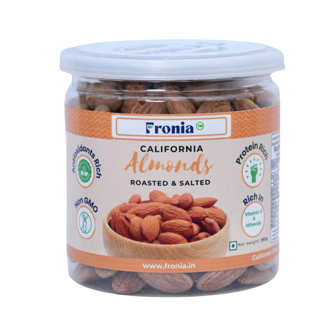 FRONIA Classic Salted Roasted Almonds Badam 250g | Crunchy Roasted Not Fried Nuts | Healthy Protein-Rich Snack | Tasty Salted Badam for Home Office Travel | Fresh & Delicious Dry Fruits Pack of 1