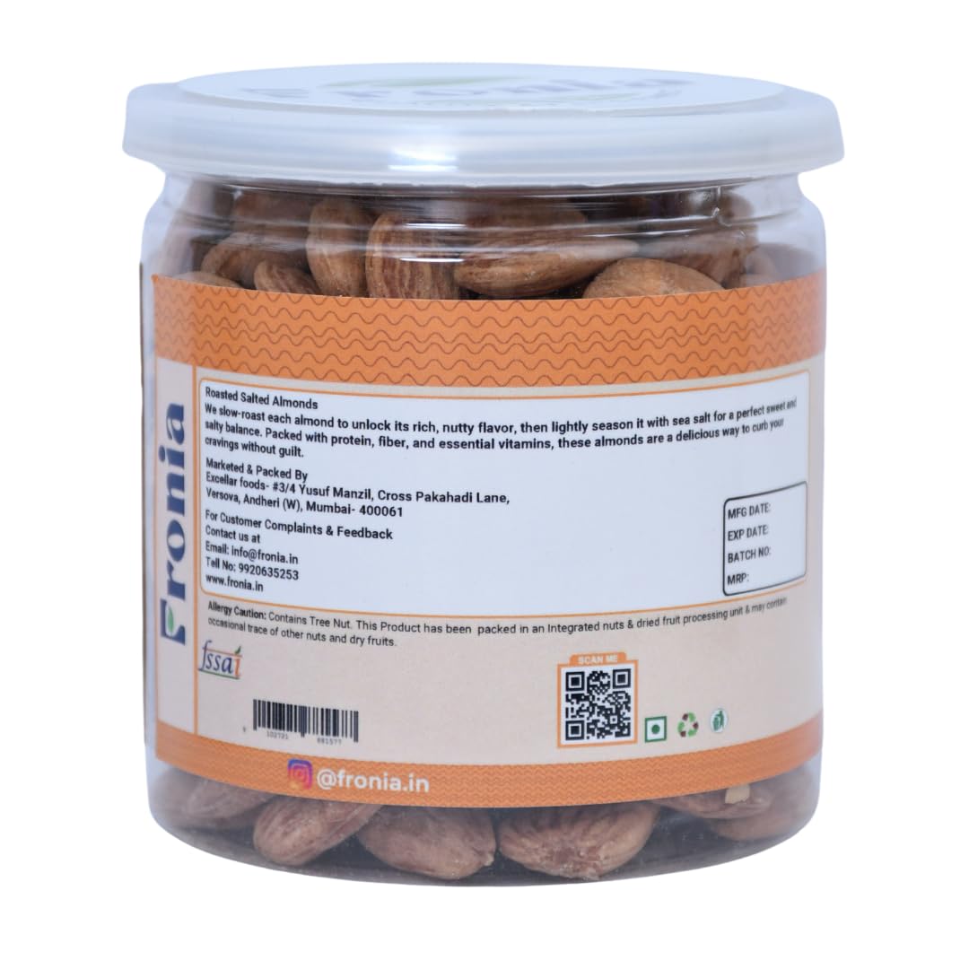 FRONIA Classic Salted Roasted Almonds Badam 250g | Crunchy Roasted Not Fried Nuts | Healthy Protein-Rich Snack | Tasty Salted Badam for Home Office Travel | Fresh & Delicious Dry Fruits Pack of 1