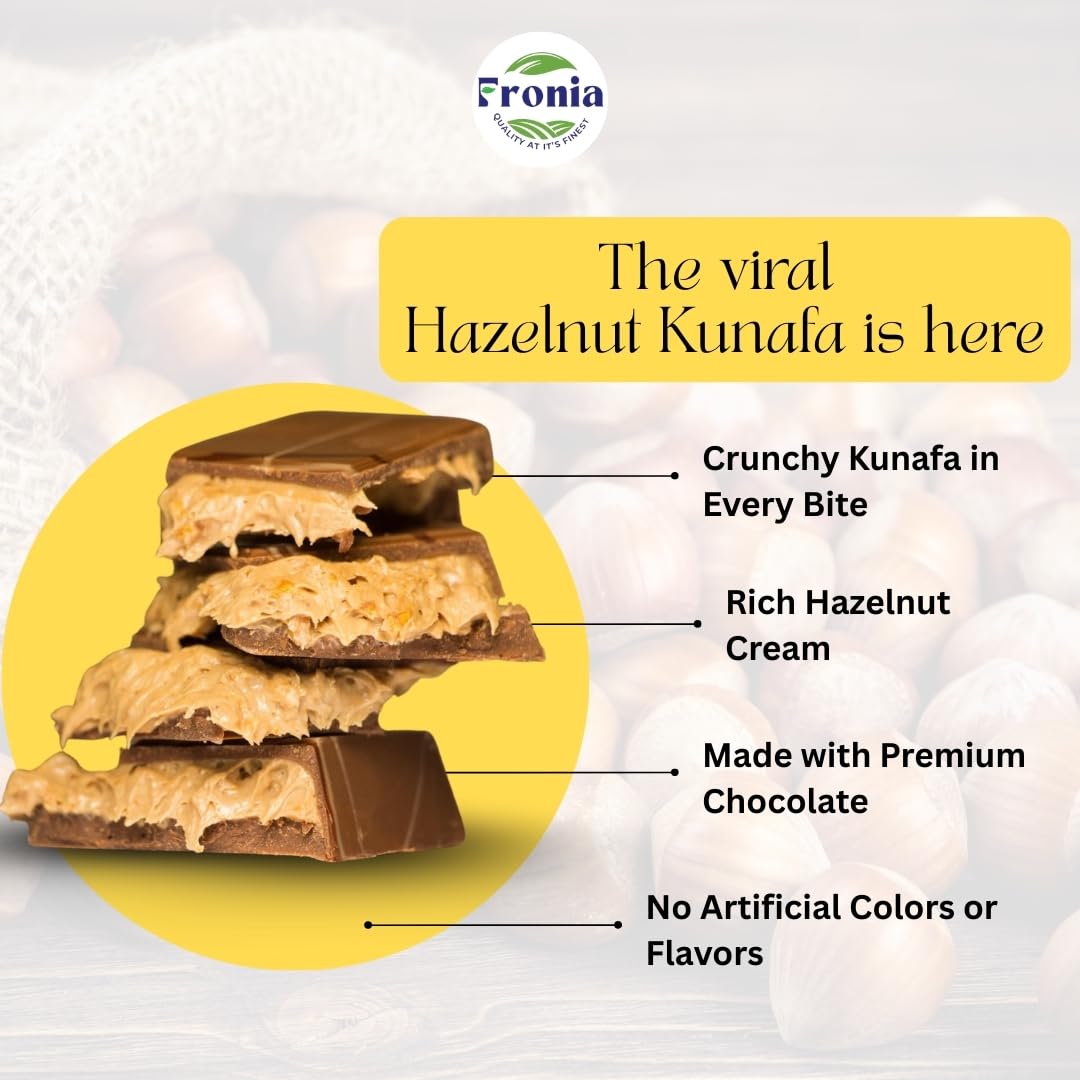 Fronia Dubai Kunafa Hazelnut Chocolate Bar with Rich Hazelnut, Crunchy Kunafa and Smooth Chocolate for Birthday, Hampers, Anniversary, Festival and Corporate Gifting - 200g