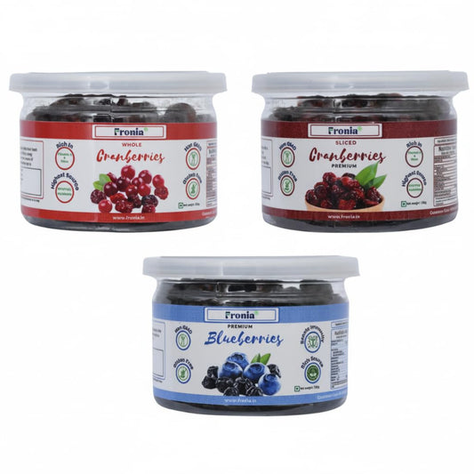 Fronia Premium Dried Berries Combo Pack | Cranberry Whole, Cranberry Slices & Blueberries | Healthy Snack | Rich in Antioxidants & Fiber | 3 x 125g Jars