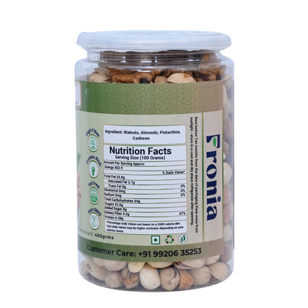FRONIA Health Dry Fruits Mix, Premium Trail Mix | Natural and Premium Healthy Mixed Nuts with Dry Fruits | Almonds | Cashews | Walnut| Pistachio (400GM ) Healthy for Every Occasion Fresh and Healthy Dry Fruits Nuts| Source of Vitamin and Minerals